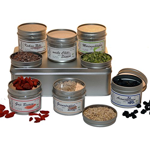 Bio Superfood Geschenkset mit Aronia, Chia, Goji, Kakao Nibs und Moringa